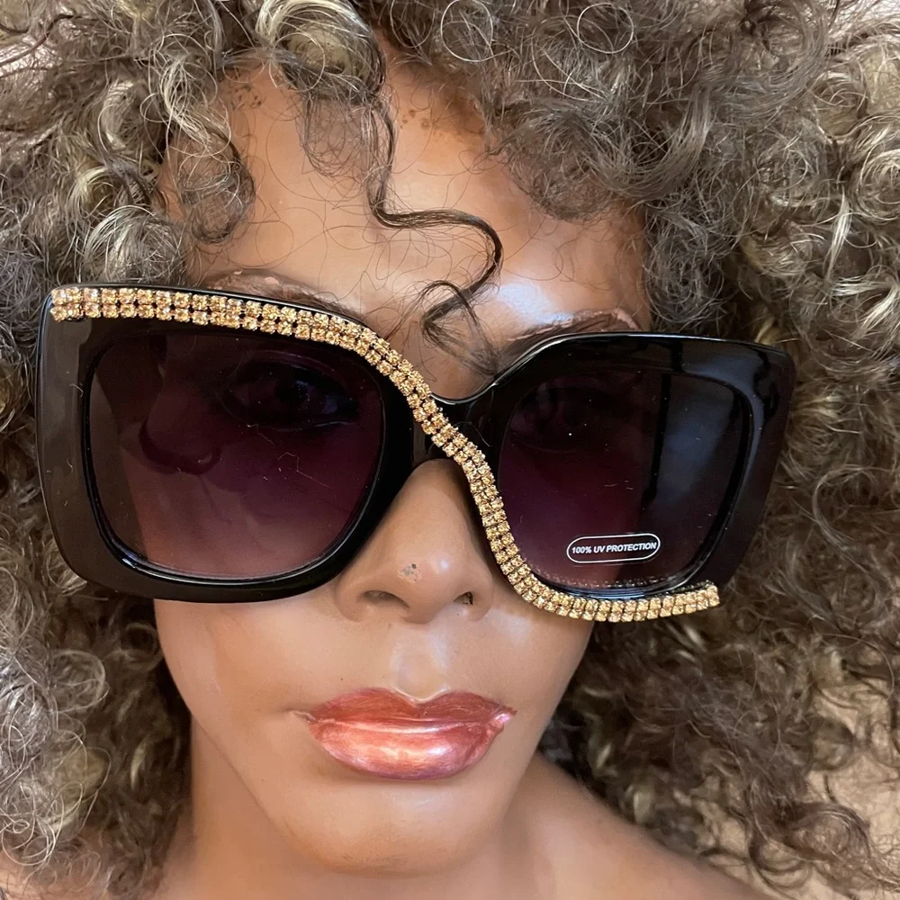 Fabulous New Gold RHINESTONE Embellished Oversized Square SUNGLASSES